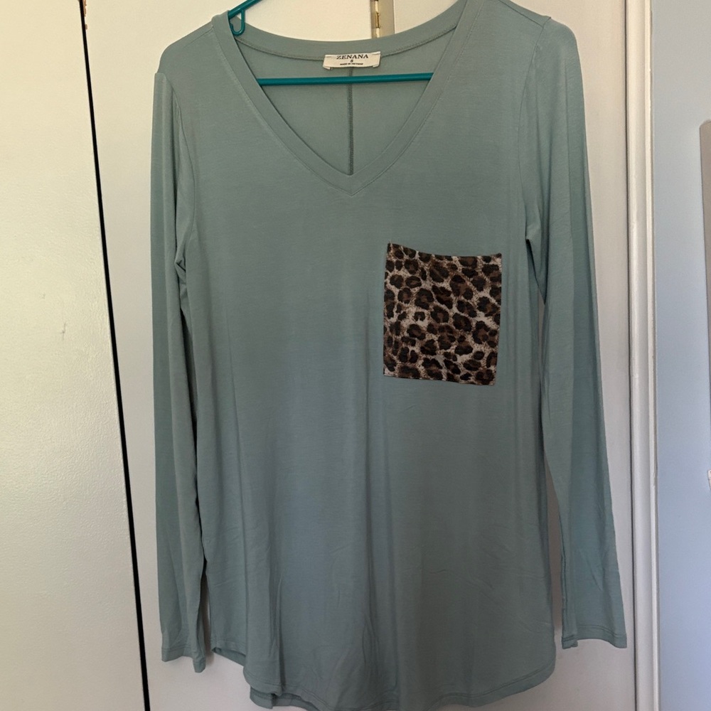 Zenana Teal Top with Leopard Pocket